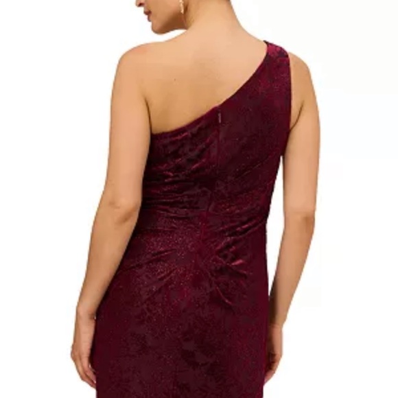 ADRIANNA PAPELL Burgundy One Shoulder Velvet Burnout Gown - Picture 6 of 11